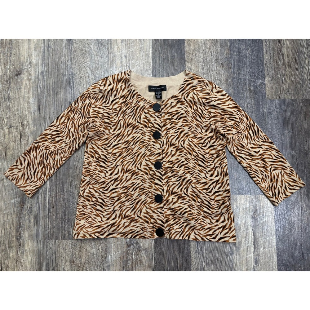 Cable & Gauge Silk Blend Animal Print Cardigan Sweater Brown Tan Small